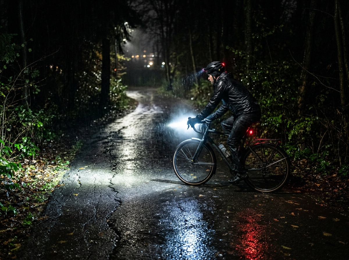 Fiets 's nachts met helder LED-koplamplicht op een donker fietspad