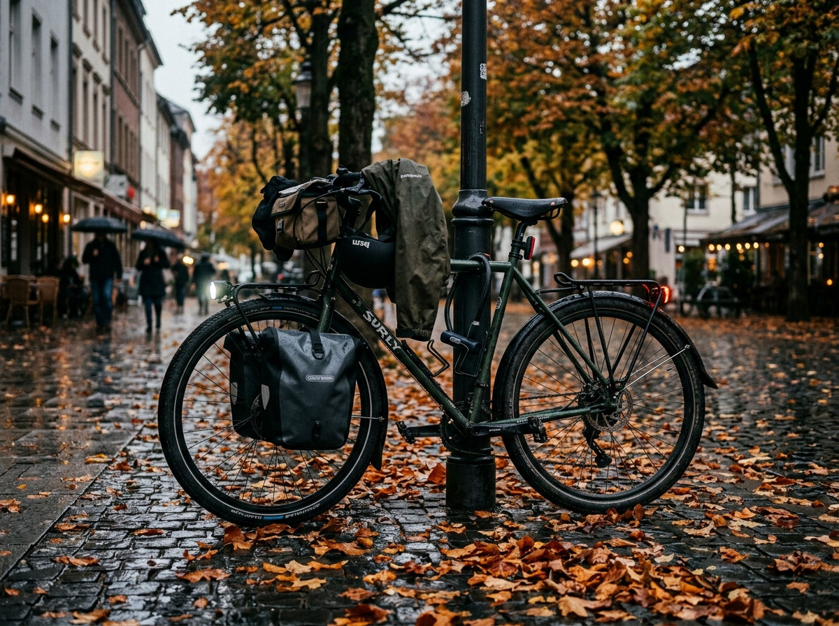 Fiets op een natte herfststraat met gevallen bladeren