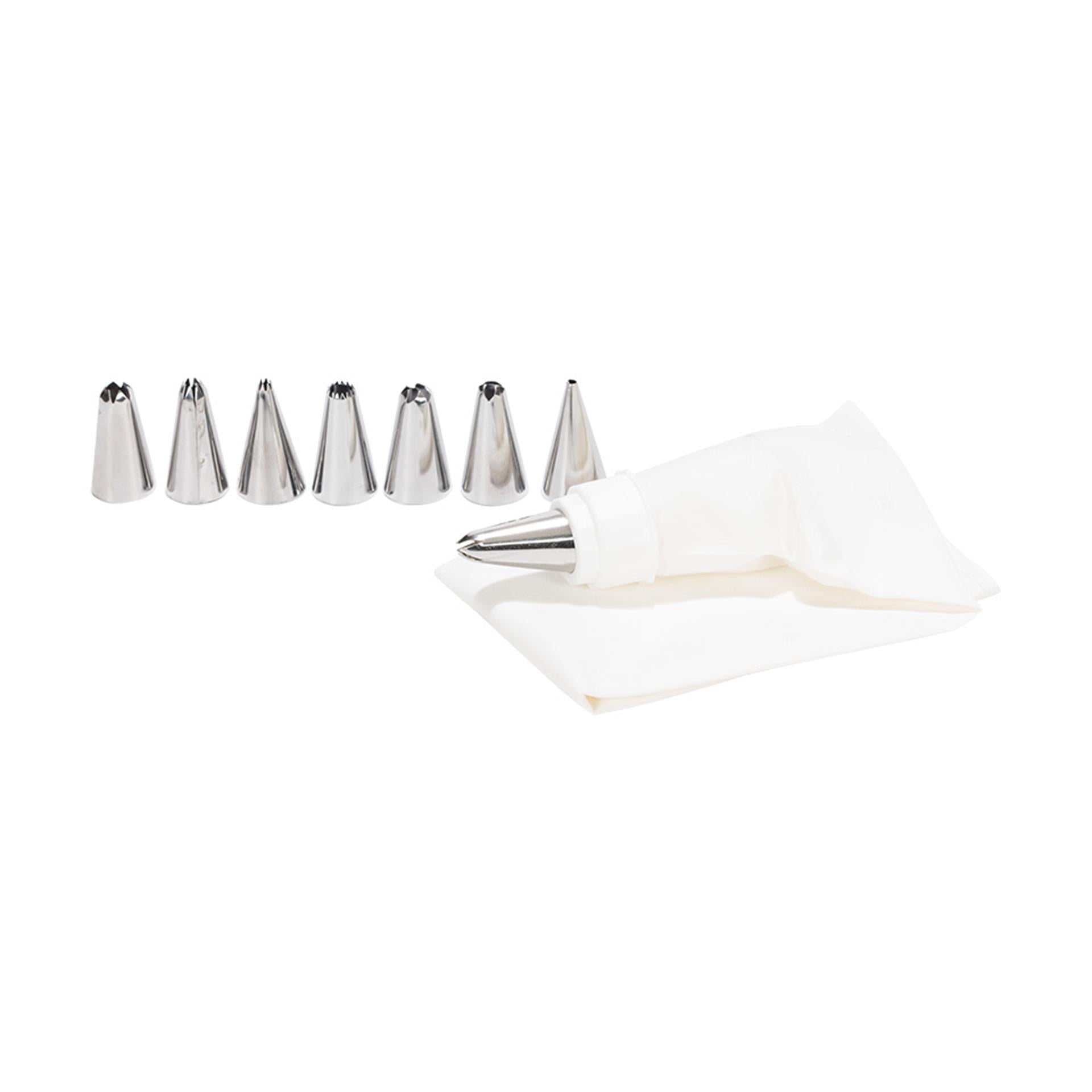 Patisse decoreerset 9 delig- 1 katoenen spuitzak met een afmeting van 33 cm en 8 stuks rvs spuitmondjes.<br>