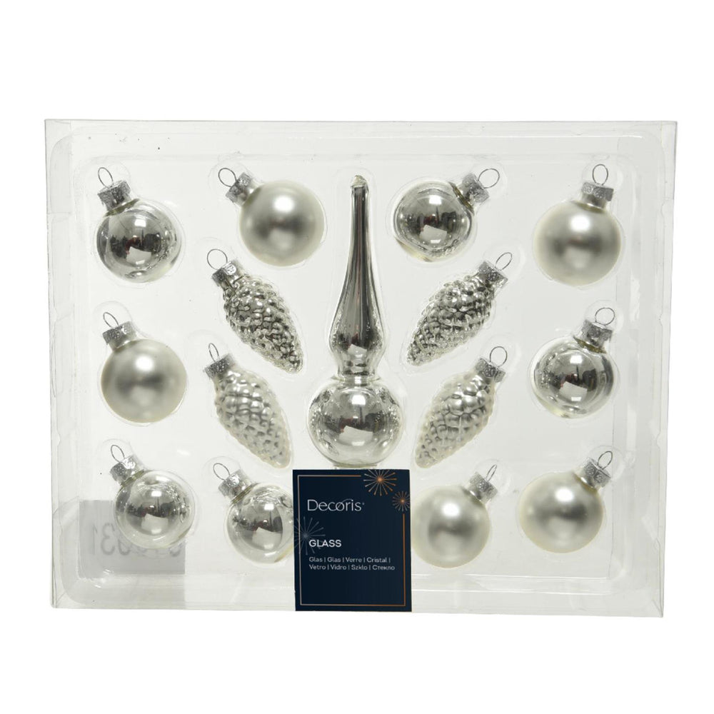 Decoris kerstballenset mini zilver van glas 15-delig set