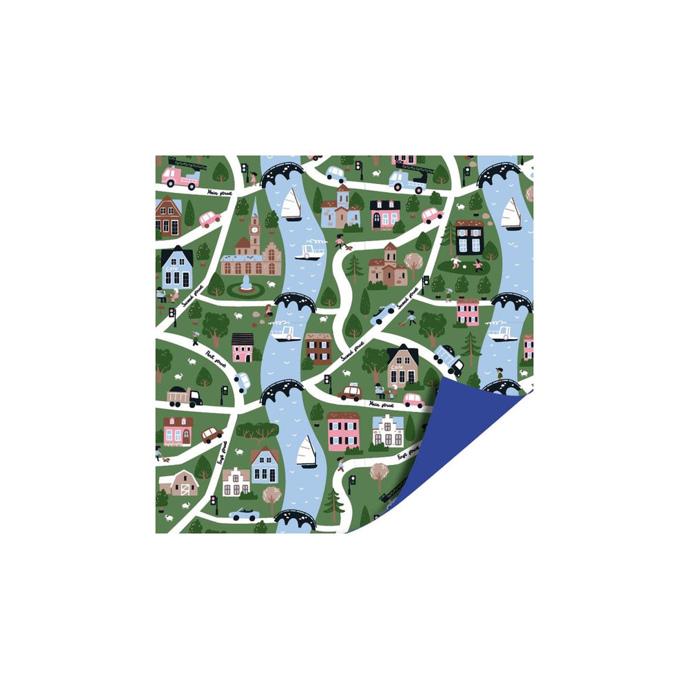 Kassaplan coated cadeaupapier dubbelzijdig 50cm 100m my little village blauw
