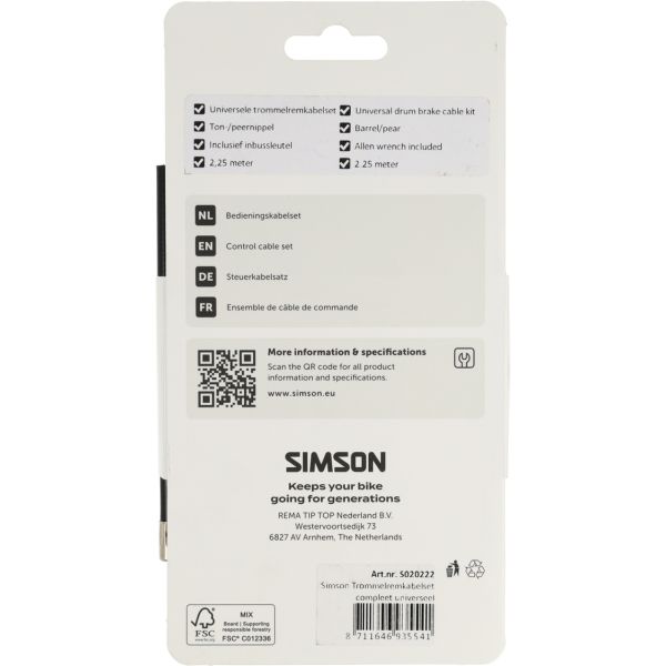 Simson trommelremkabelset compleet universeel rvs - zwart
