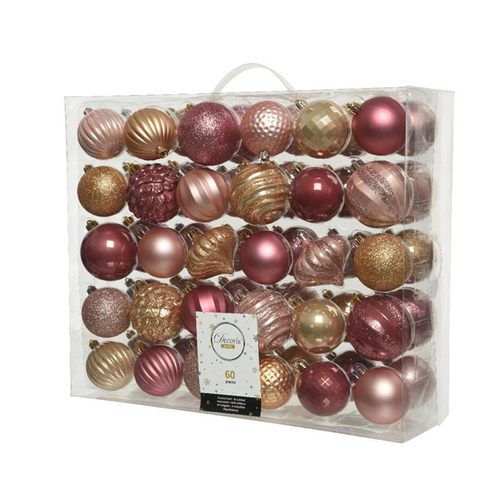 Decoris onbreekbare kerstballenset van 60 stuks assorti blush pink, butterscotch, velvet pink.