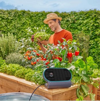 Gardena aquabloom set l voor bewatering op zonne-energie besproeiingscomputer (grijs turquoise, automatisch besproeiingssysteem, accu inbegrepen)