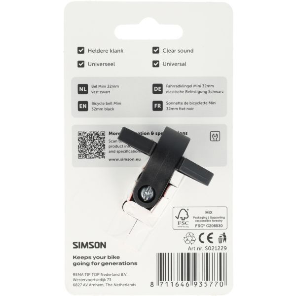 Rema tip top nederland b.v. simson fietsbel mini 32mm vaste kunststof bevestiging zwart