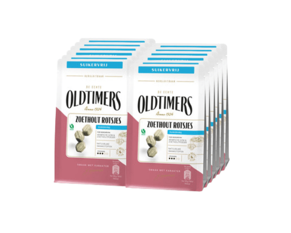 Oldtimers - drop - zoethout rotsjes suikervrij - 12 zakjes - 100 gram