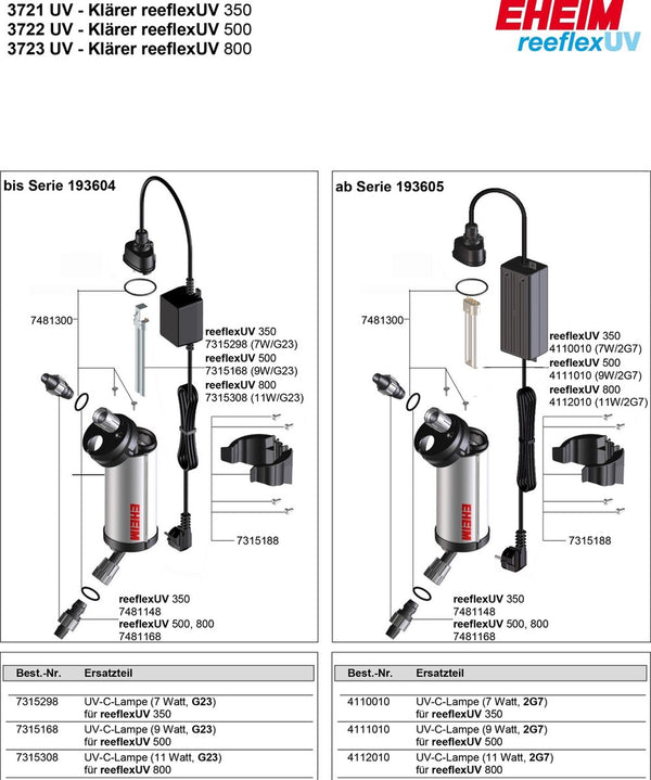 Eheim uvc-lamp 9w 4 pin 2g7 versie voor reeflex uv 500 (vanaf serie 193605)