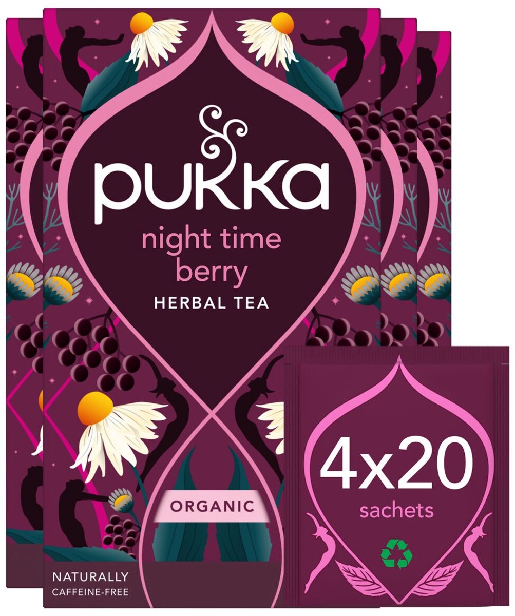 Pukka tea night time berry - 80 theezakjes - biologische kruidenthee - kamille, braam, zwarte bes - 4 x 20 zakjes - thee voordeelverpakking