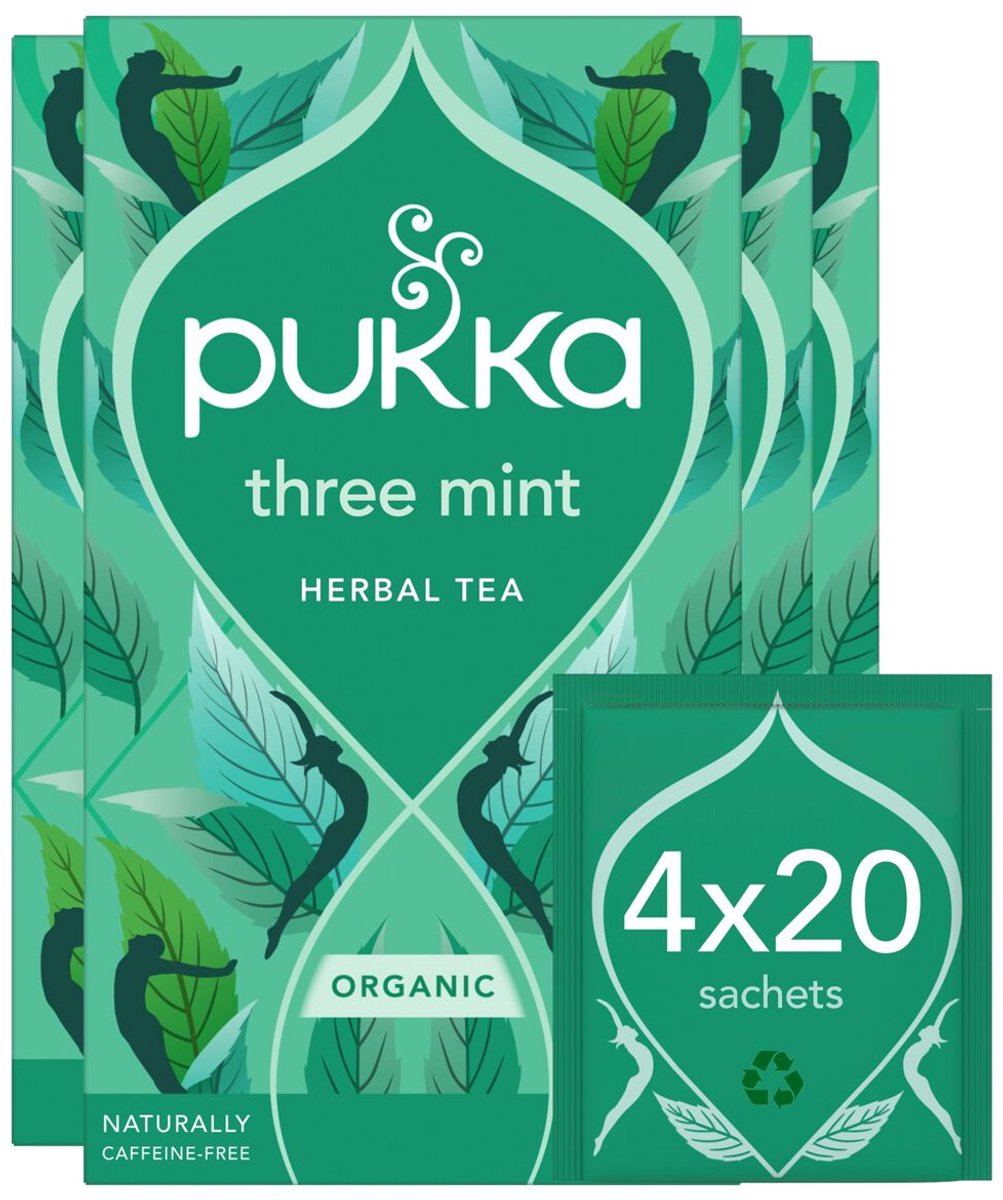 Pukka tea three mint - 80 theezakjes - biologische kruidenthee - 4 x 20 zakjes - thee voordeelverpakking