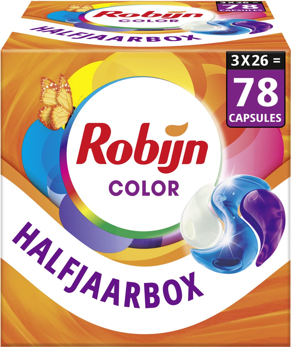 Robijn wasmiddel - 3-in-1 wascapsules - color - 3 x 26 stuks - 78 wasbeurten - voordeelverpakking