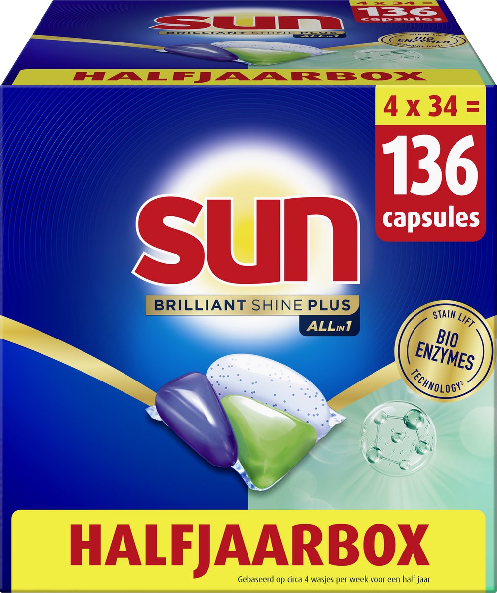 Sun - vaatwastabletten- brilliant shine plus - all-in 1 - 136 capsules - voordeelverpakking