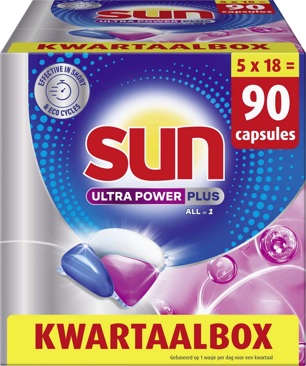 Sun - vaatwastabletten - ultra power plus - all-in 1 - 90 capsules - kwartaalbox