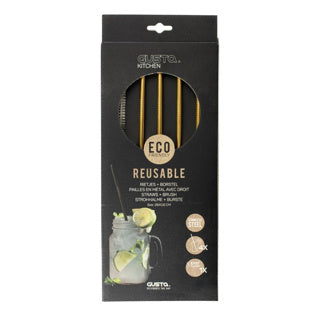 Gusta RVS rietjes + borstel goud 4 stuks