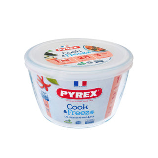 Pyrex koken en invriezen ronde glazen vershoudschaal met deksel 1,1l