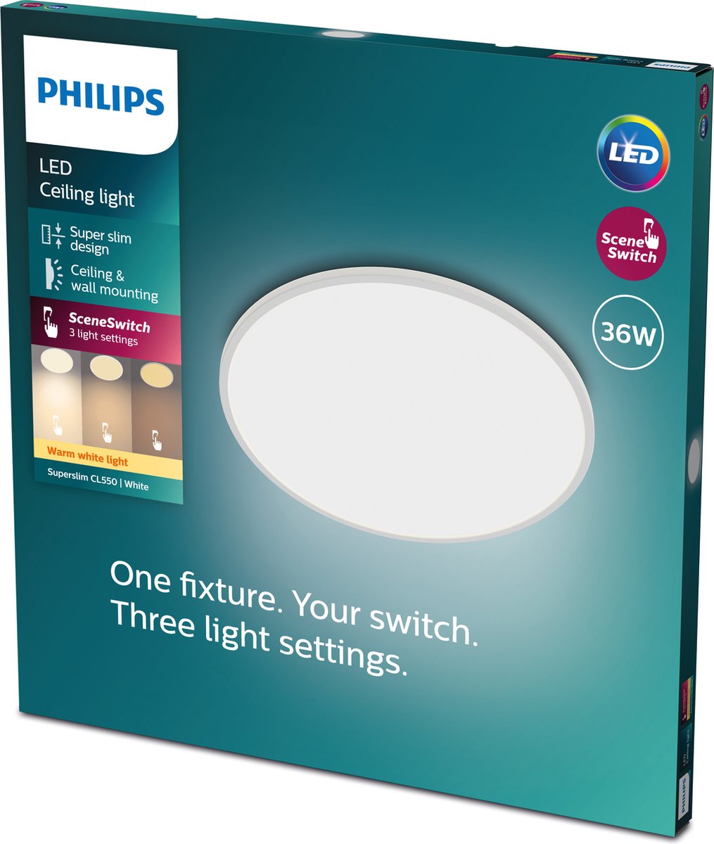 Philips led philips superslim plafonnière - wit - groot - warmwit licht - 36 w