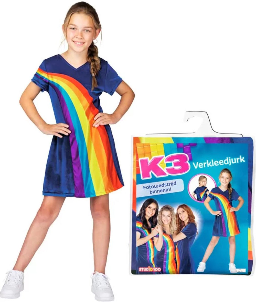 K3 - verkleedkleding - regenboogjurkje blauw - beschikbaar in 3 verschillende maten - 6 8 jaar - maat 134
