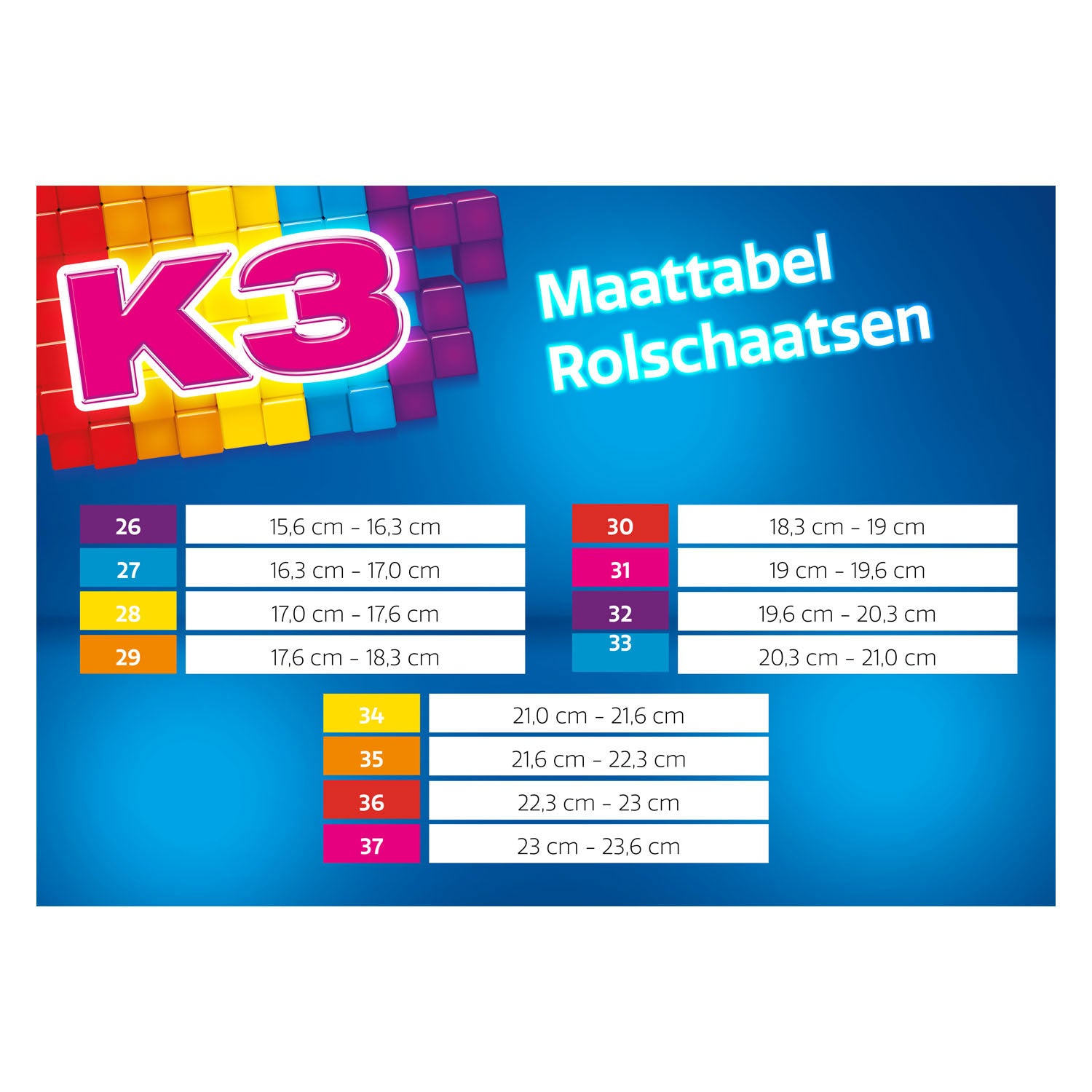 Studio 100 k3 rolschaatsen regenboog, maat 34-37
