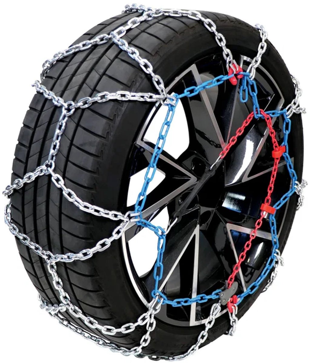 Carpoint sneeuwkettingen – rvx 250 – 16mm gehard stalen schakels – o norm v5117 en en 16662 1 gecertificeerd - semiautomatische spanner – kruisspoor verbetert de grip – incl. nood reparatieschakels, handschoenen, handleiding handige opbergtas