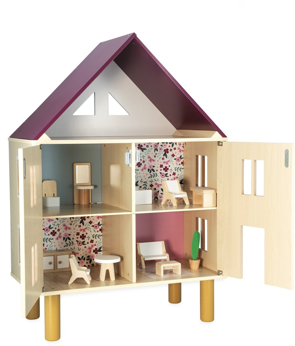 Janod twist - doll's house - houten poppenhuis met drie verdiepingen - geleverd met 11 meubels om het huis in te richten - geschikt vanaf 3 jaar