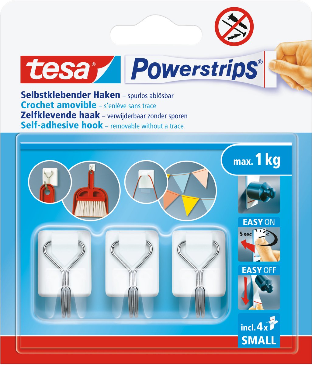 Tesa powerstrips haken small - wit - 3 x haak, 4 x strips - afneembare draadhaken - zonder boren
