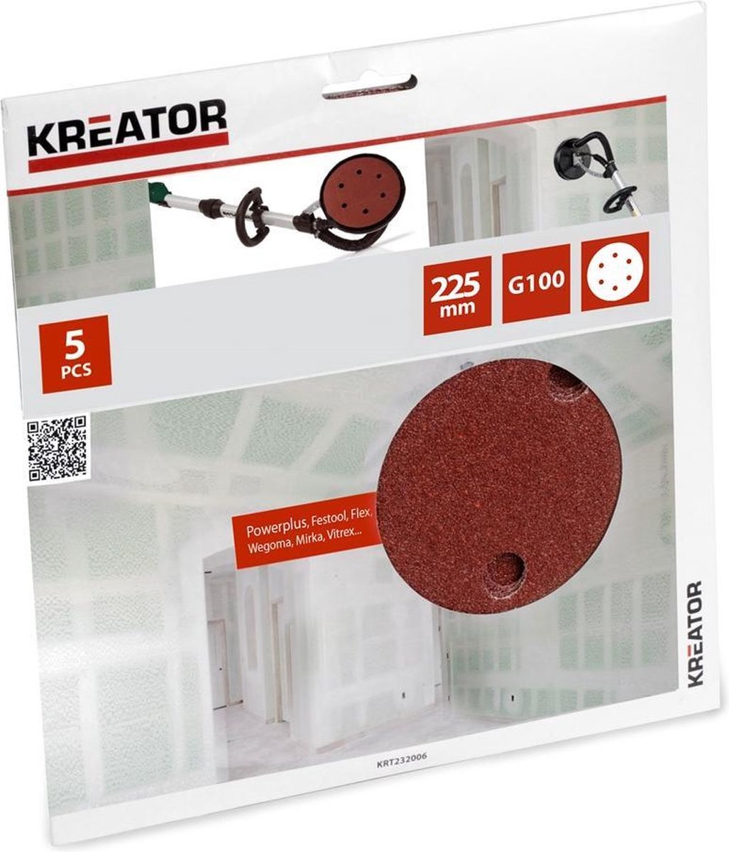 Kreator schuurpapier gipsplaat rond t.b.v. langnek velcro ø 225mm k100 set van 5 stuks (krt232006)