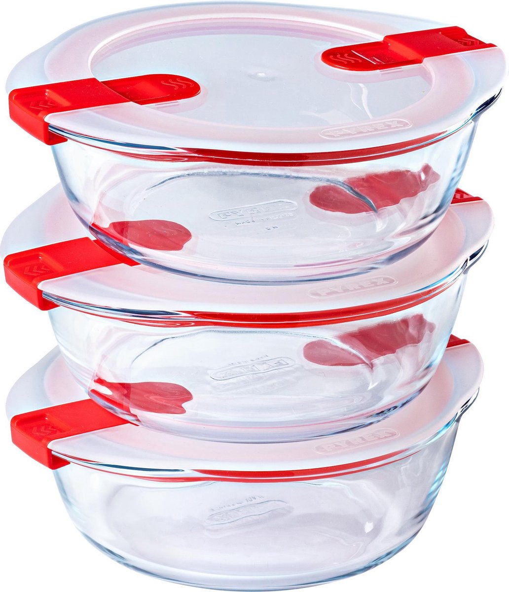 Pyrex - cook heat schaal rond met deksel -inhoud elk 1,1 liter - set van 3 stuks - transparant rood wit