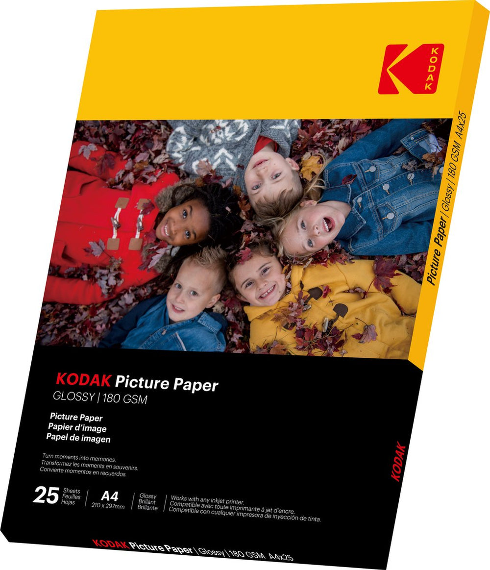 Kodak picture paper - pack de 25 feuilles de papier photo de qualité - format 21 x 29.7 cm (a4) - finition brillante - 180 gsm - compatible avec toutes imprimante jet d'encre
