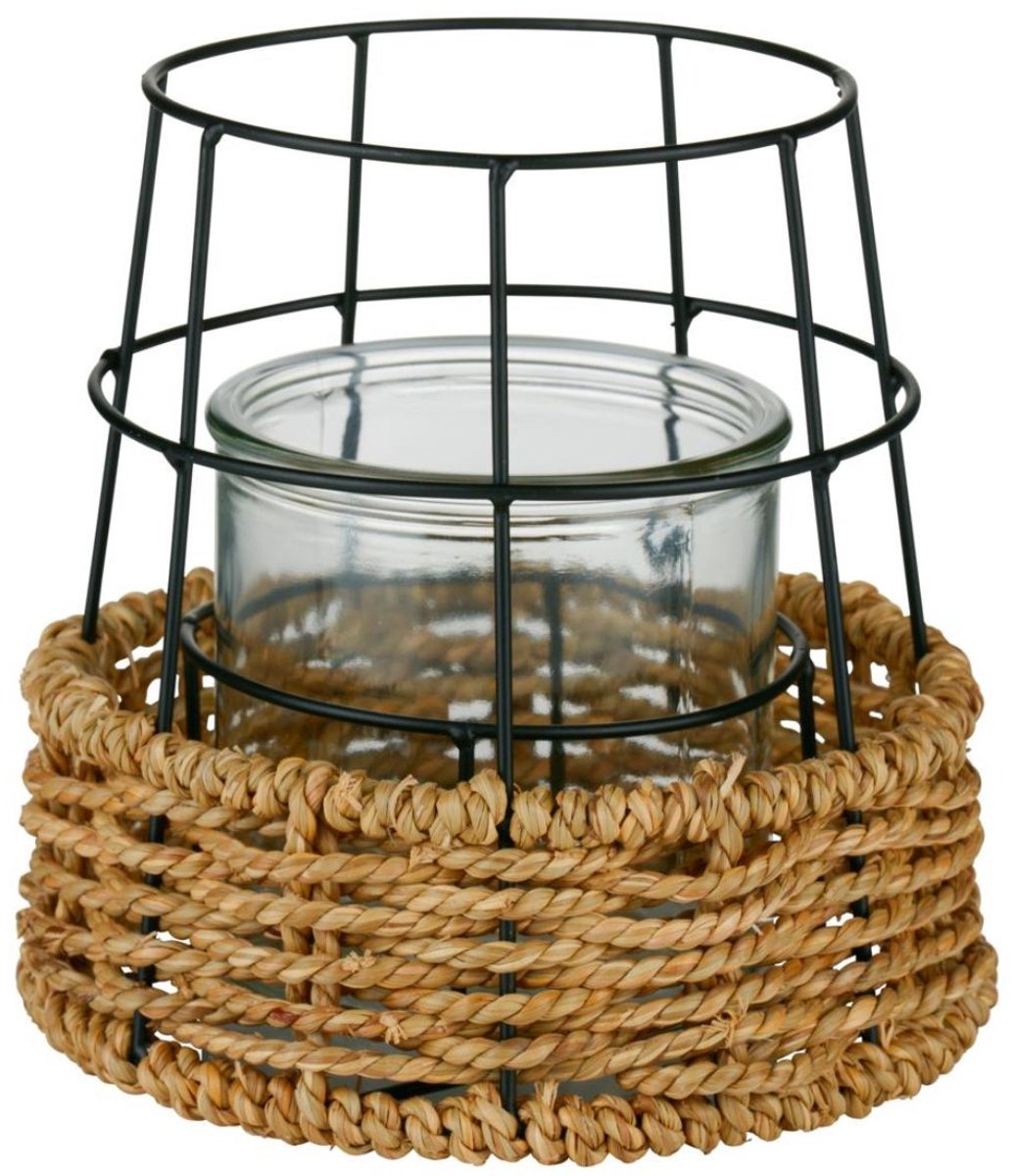 Arti casa kandelaar - windlicht met touw decoratie - kaarsenhouder voor binnen en buiten - 17 x 16,5 cm - naturel zwart