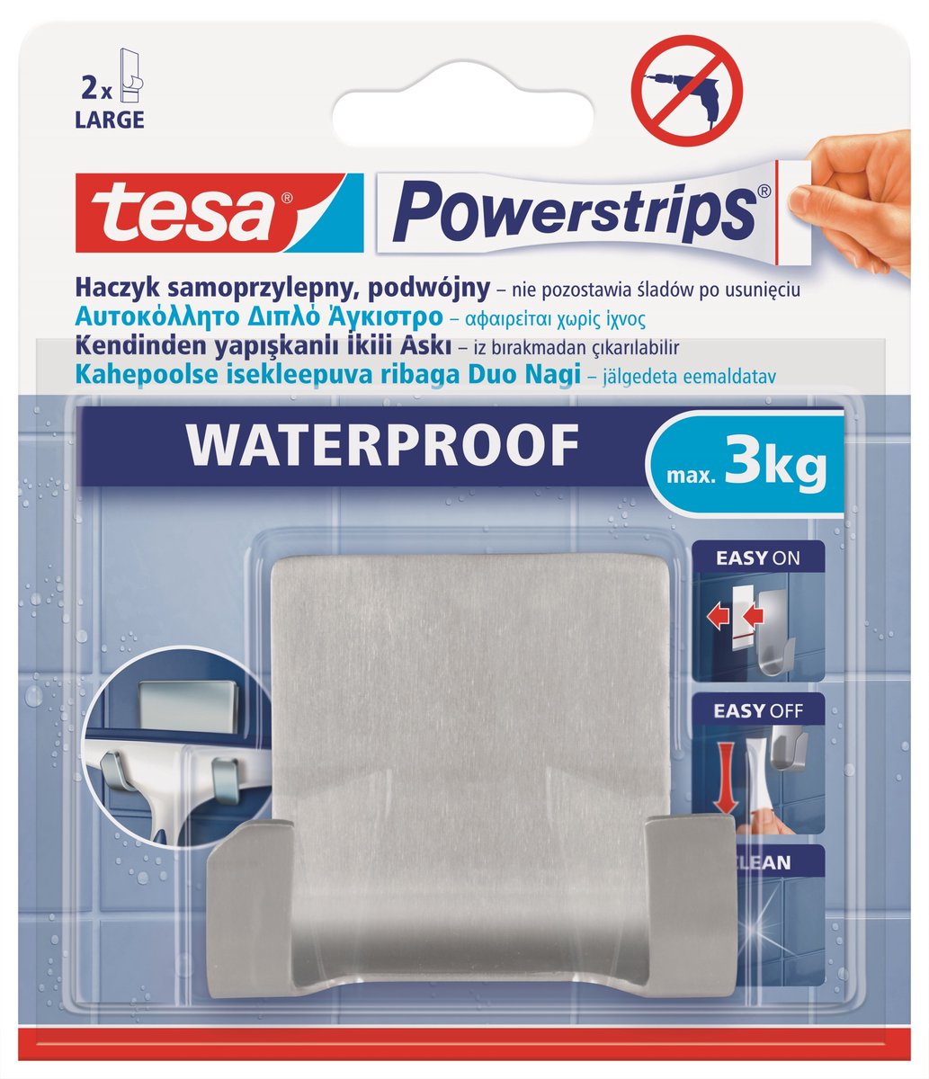 Tesa powerstrips dubbele haak rvs - 3kg draagkracht - waterbestendig