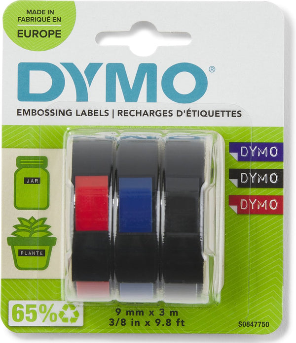 Dymo originele reliëftape | 9 mm x 3 m | wit op blauw, wit op rood, wit op zwart | zelfklevend | voor labelmakers voor reliëftape | 3 stuks | gemaakt in europa