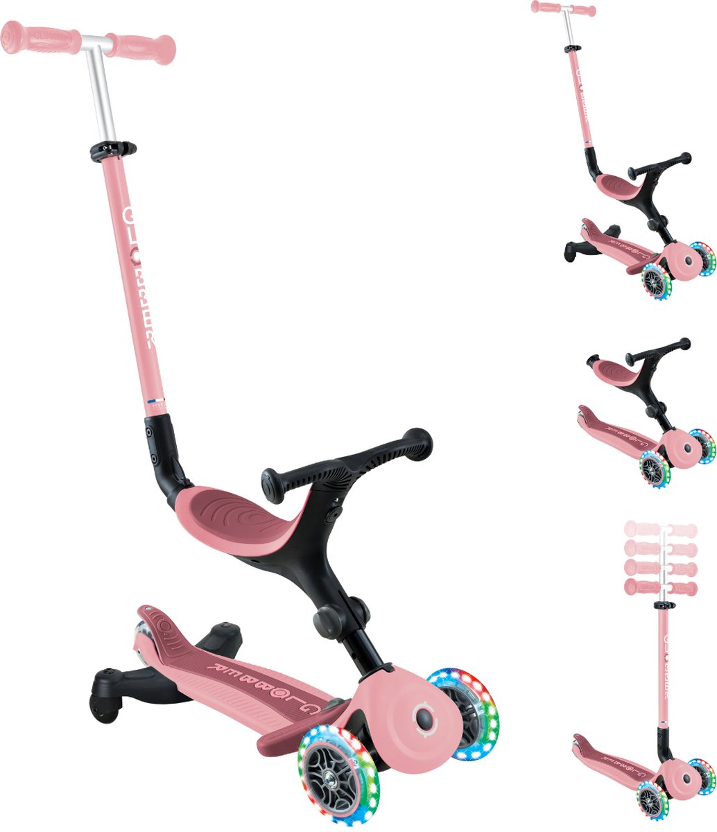 Globber meegroeistep - go up active lights pastel pink 360 - roze - lichtgevende wielen - met duwstang - in hoogte verstelbaar - vanaf 15 maanden tot 9 jaar