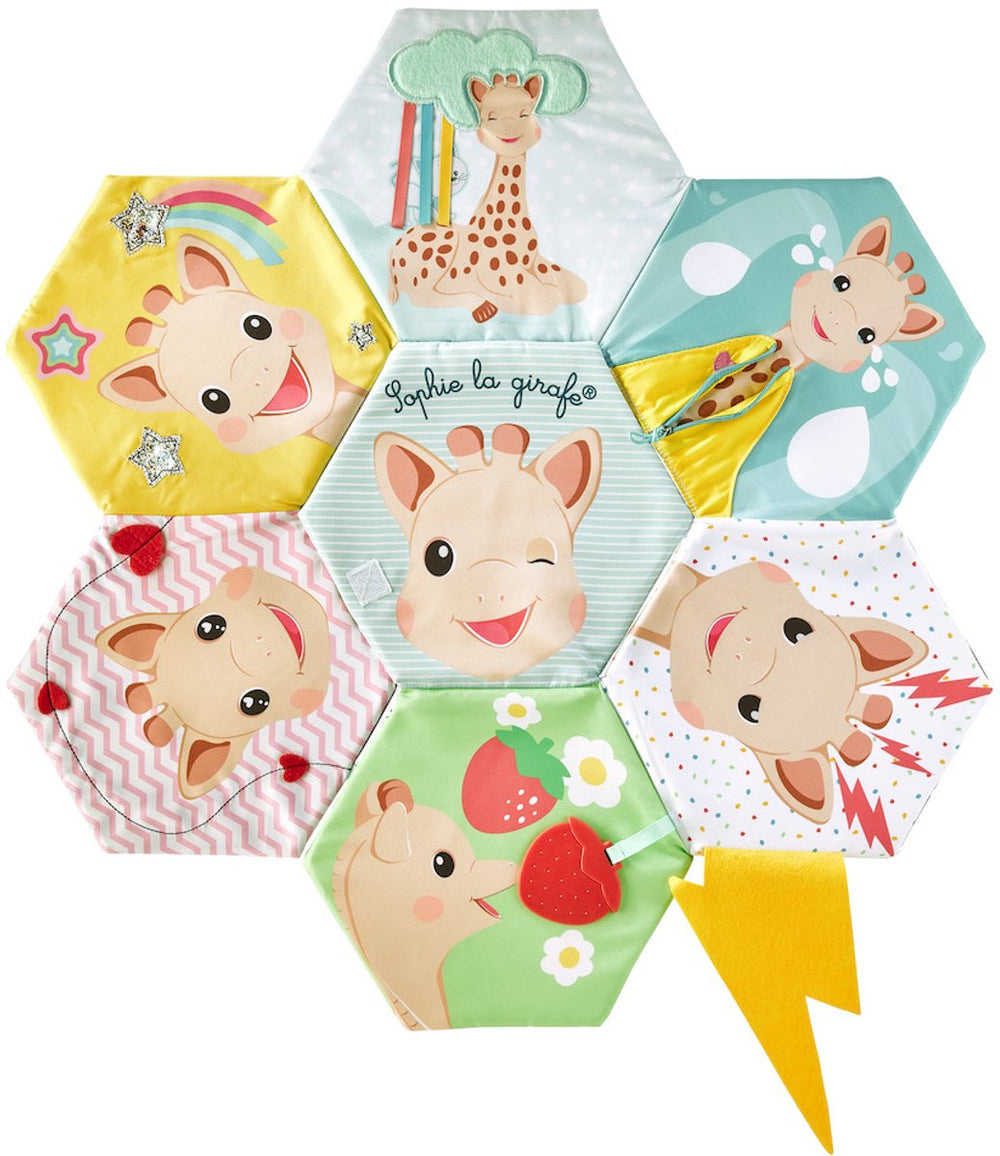 Sophie de giraf ontdekkingsboek en speelkleed 2 in 1 – zintuiglijk babyboek met texturen, rits, spiegel, knisperpapier zwart-wit contrastzijde – stimuleert zicht, tast gehoor – 60x60 cm – vanaf 0 maanden