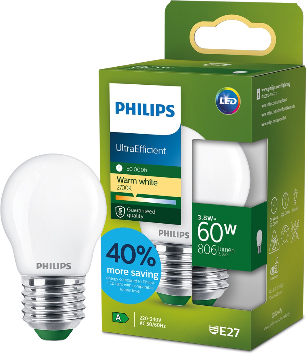Philips led philips ultraefficient led lamp - 25w - e27 fitting - warmwit licht: 2700k - helder glas - p45 kogellamp - lange levensduur