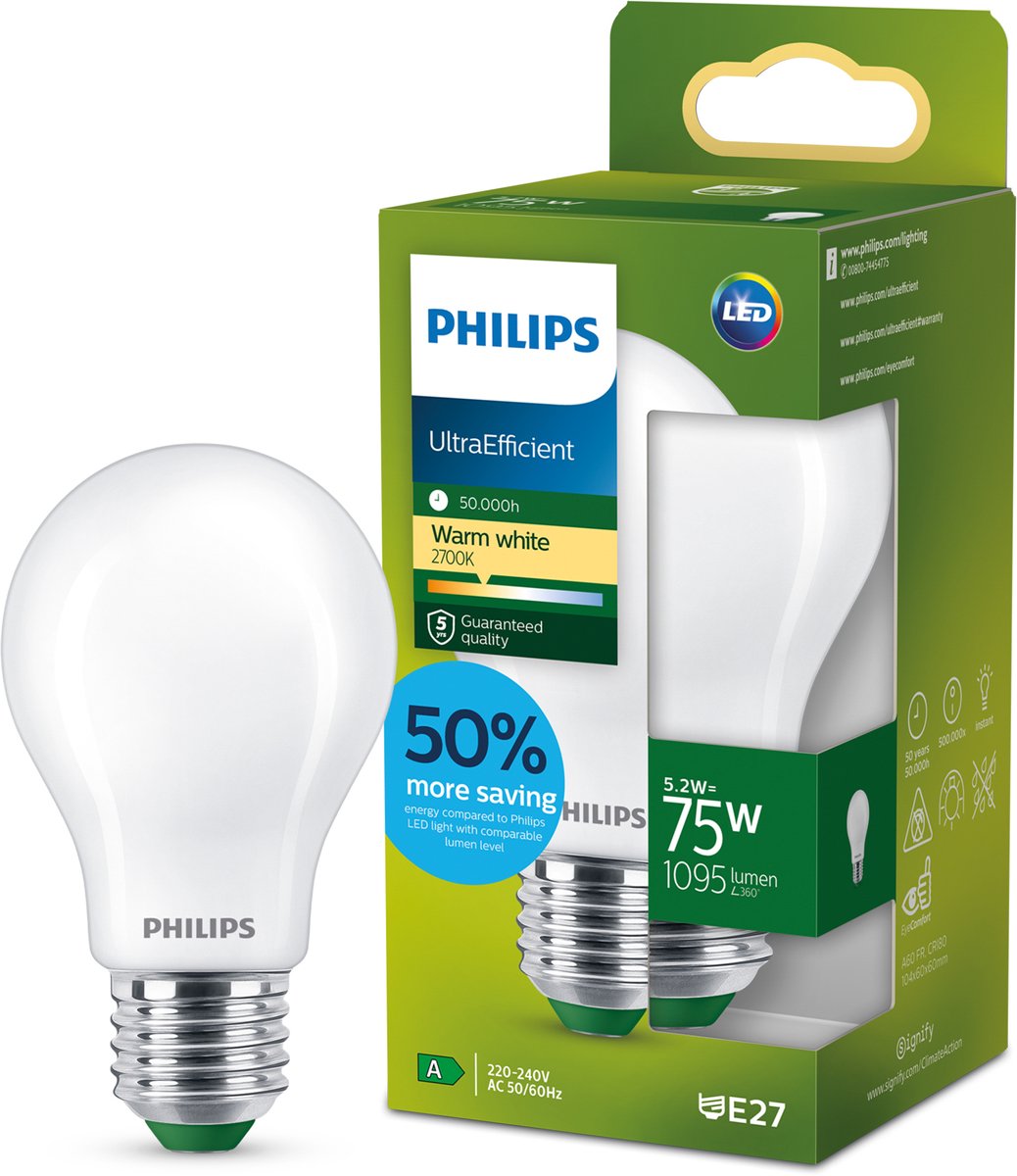 Philips led philips ultraefficient led lamp - mat - 75w - e27 fitting - warmwit licht: 2700k - bespaar op energiekosten