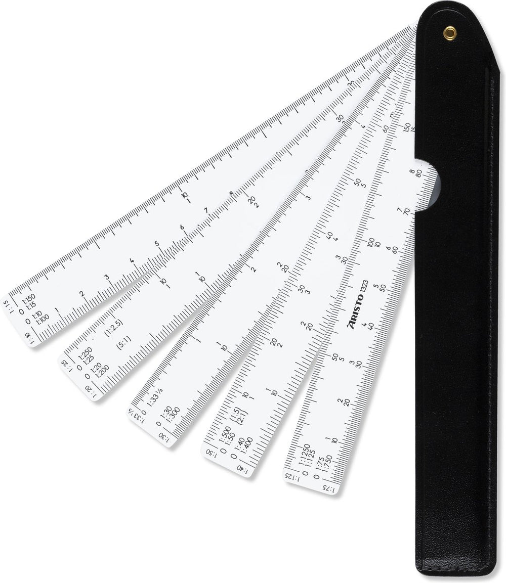 Aristo waaierliniaal - lengte 25cm - 1:10 :15 :20 :25 :30 :33 1 3 :40 :50 :75 :125 - wit kunststof - duurzaam leren omhulsel - ar-1323