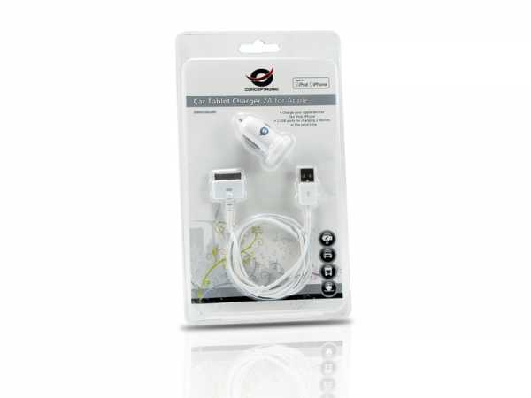 Conceptronic cusbcar2aset apple kabel met auto tablet oplader, 2a