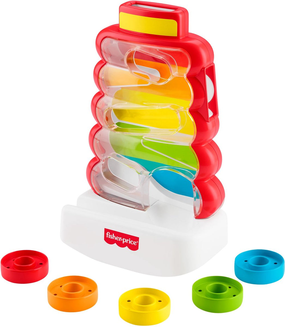 Fisher-price rollende ringen in wiebelende stapeltoren