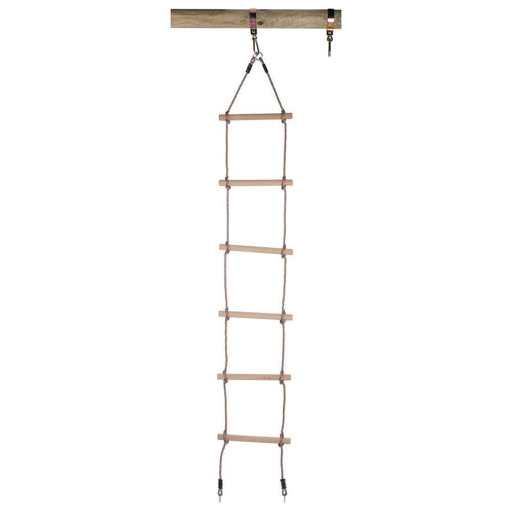 Swingende touwladder met oogringen en 6 houten treden