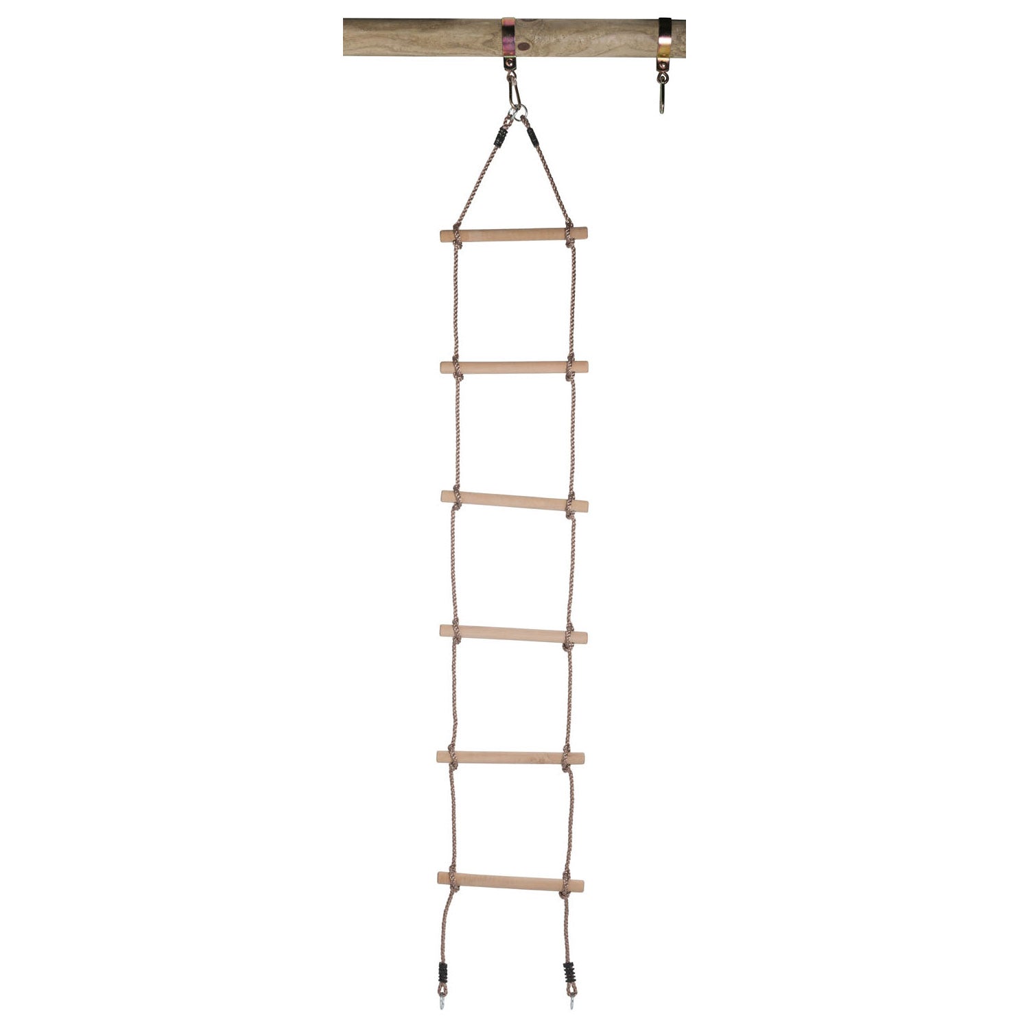 Swingende touwladder met oogringen en 6 houten treden