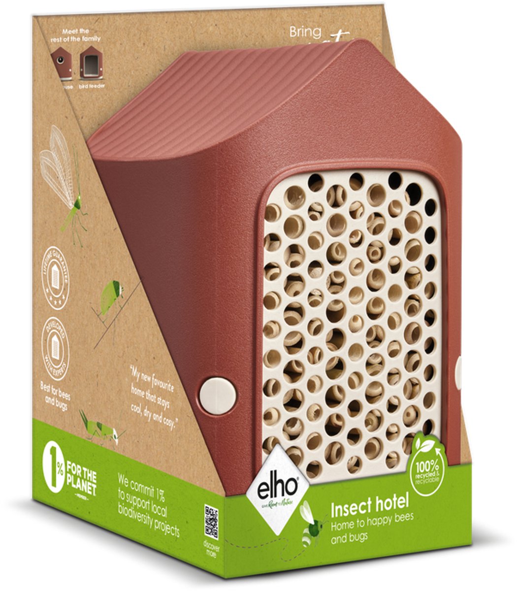 Elho cosy insect hotel 18cm - geschikt voor insecten en bijen - 100% gerecycled plastic - l17.6 x b18 x h23 cm - toscaans rood