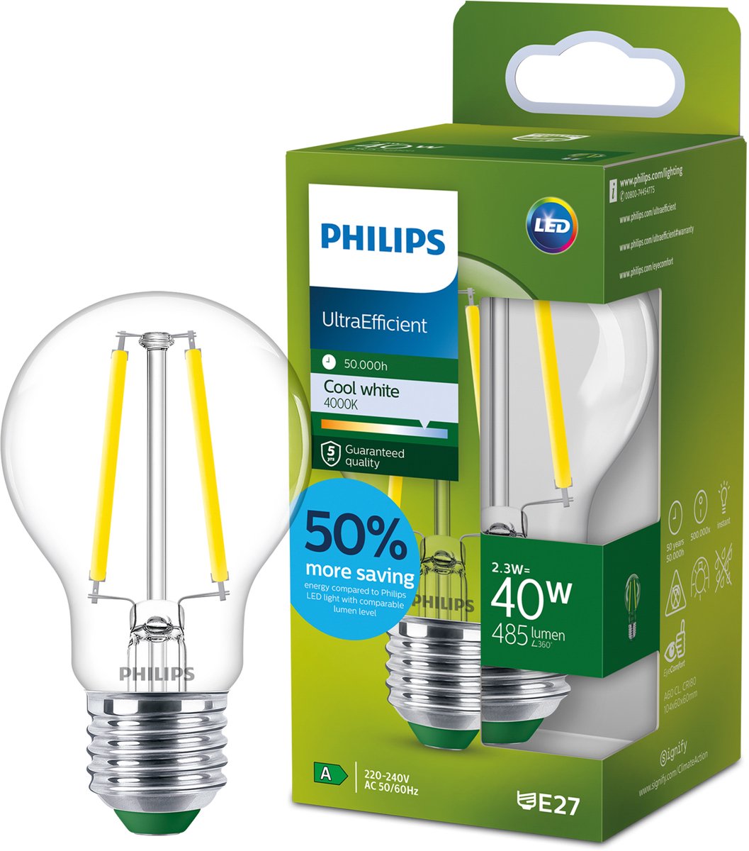 Philips led philips ultraefficient led lamp - 75w - e27 fitting - warmwit licht: 2700k - dimbaar - helder glas - a60 lampvorm - lange levensduur