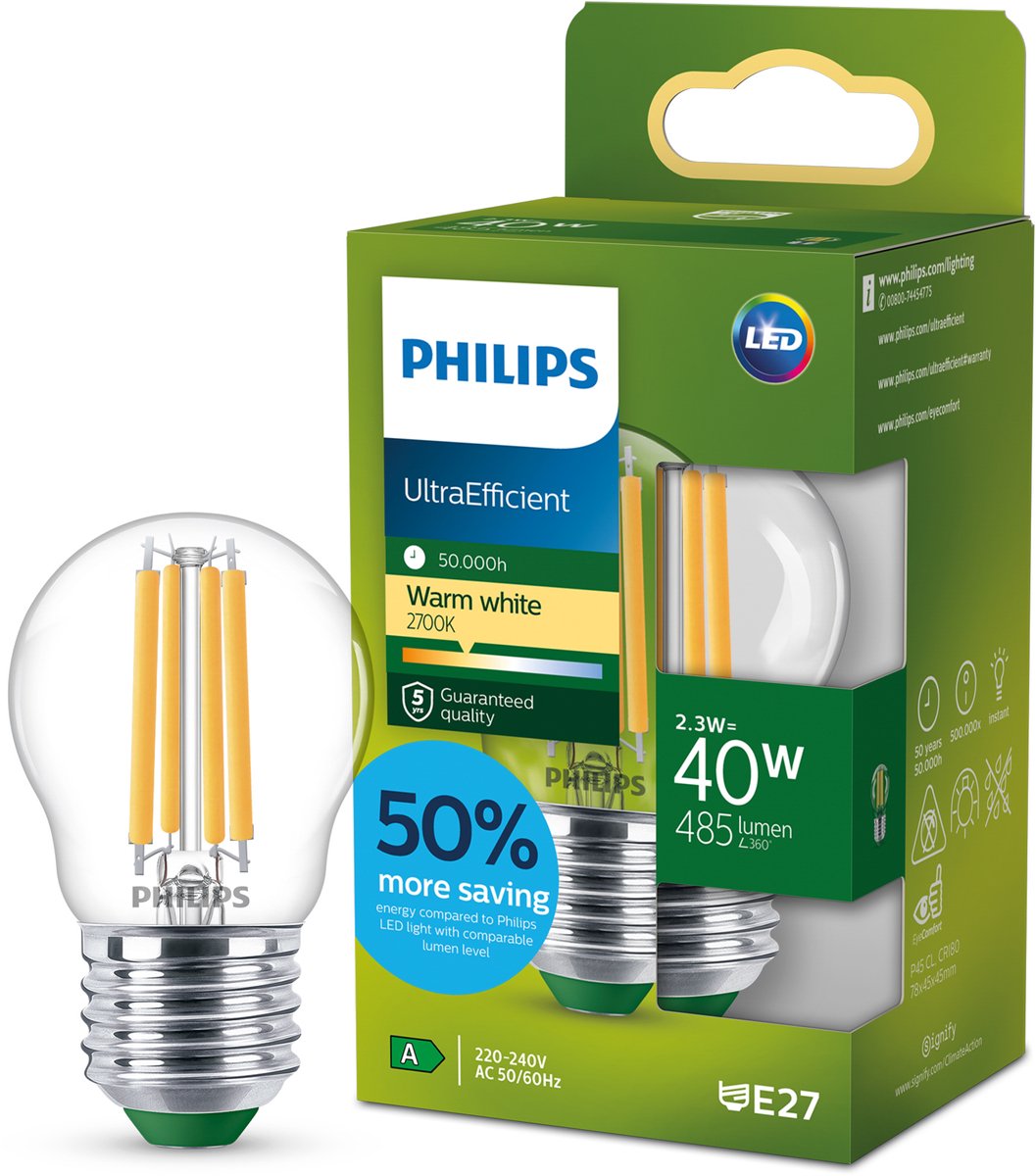 Philips led philips ultra efficient led kogellamp transparant - 40 w - e27 - warmwit licht