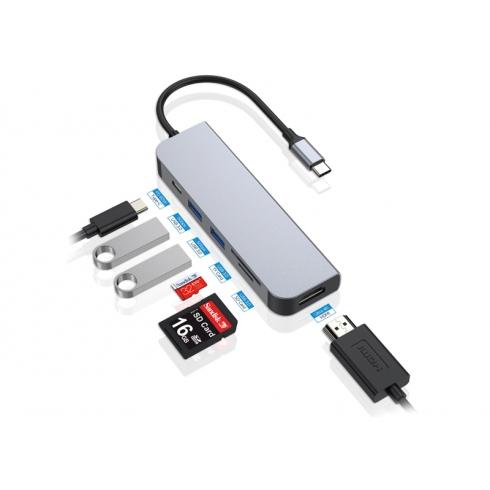 Conceptronic donn02g 6-in-1 multifunctionele USB-hubadapter, USB 3.2 gen 1 type-c, HDMI, 5 GB/s, aluminium
