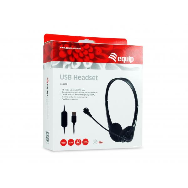 Equip 245305 usb-headset, headset, hoofdband, callcenter voor kantoor, zwart, binaural, in-line bediening u