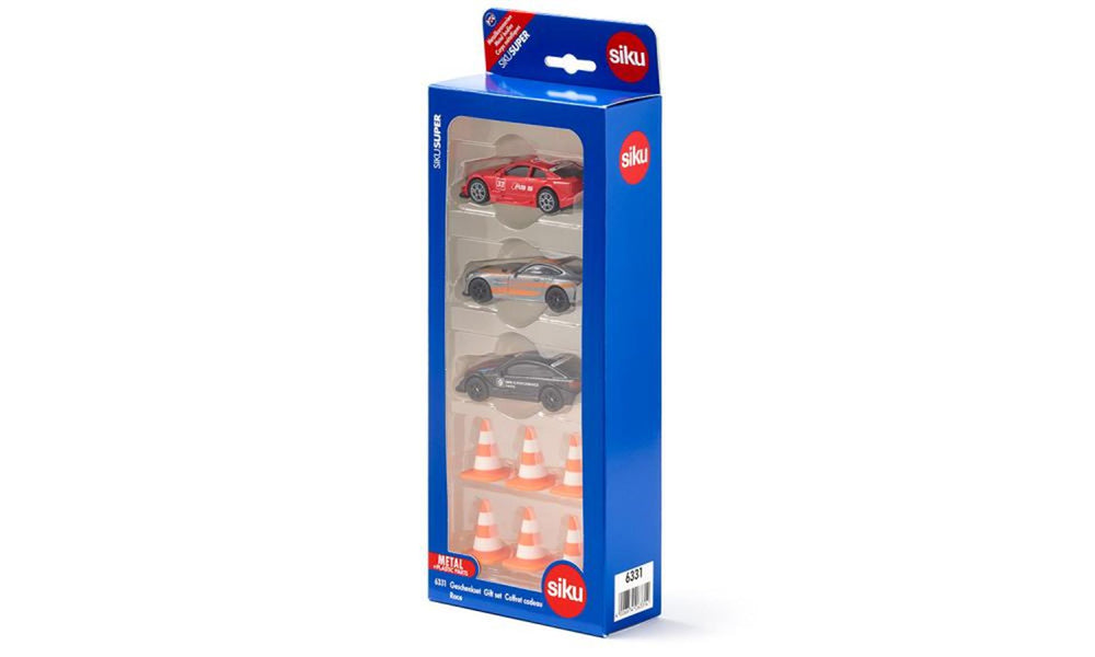 Siku 6331, cadeauset race, mercedes-amg gt4, audi rs 5 racing en bmw m4, incl. 6 verkeerskegels, speelgoedauto's, metaal kunststof, multicolor, met sportvelgen en achtervleugels,meerkleuren