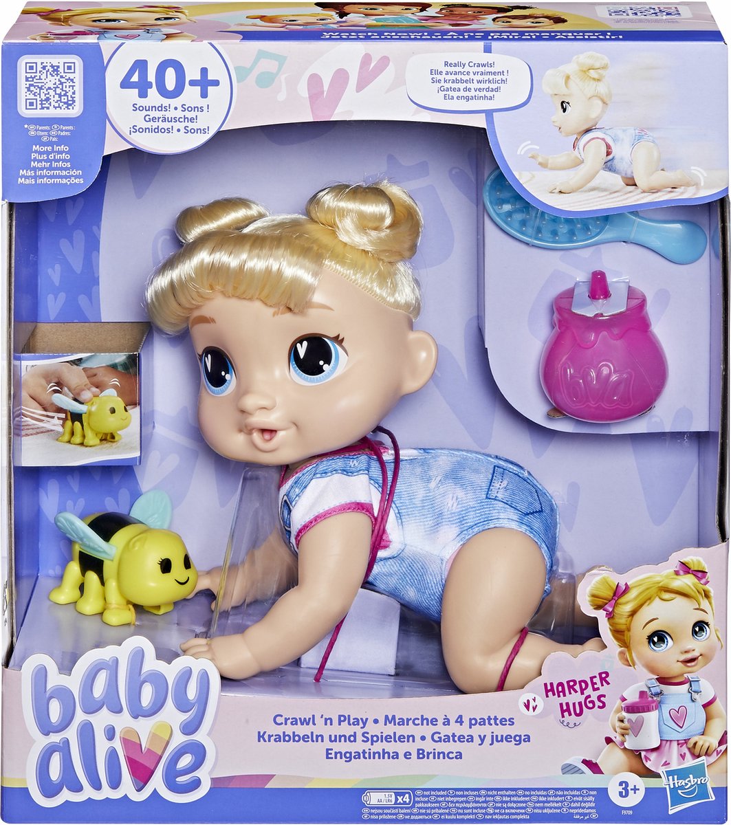 Baby alive crawl 'n play harper hugs, babypop, vrouw, 3 jaar, meisjes, geluid, meerkleurig