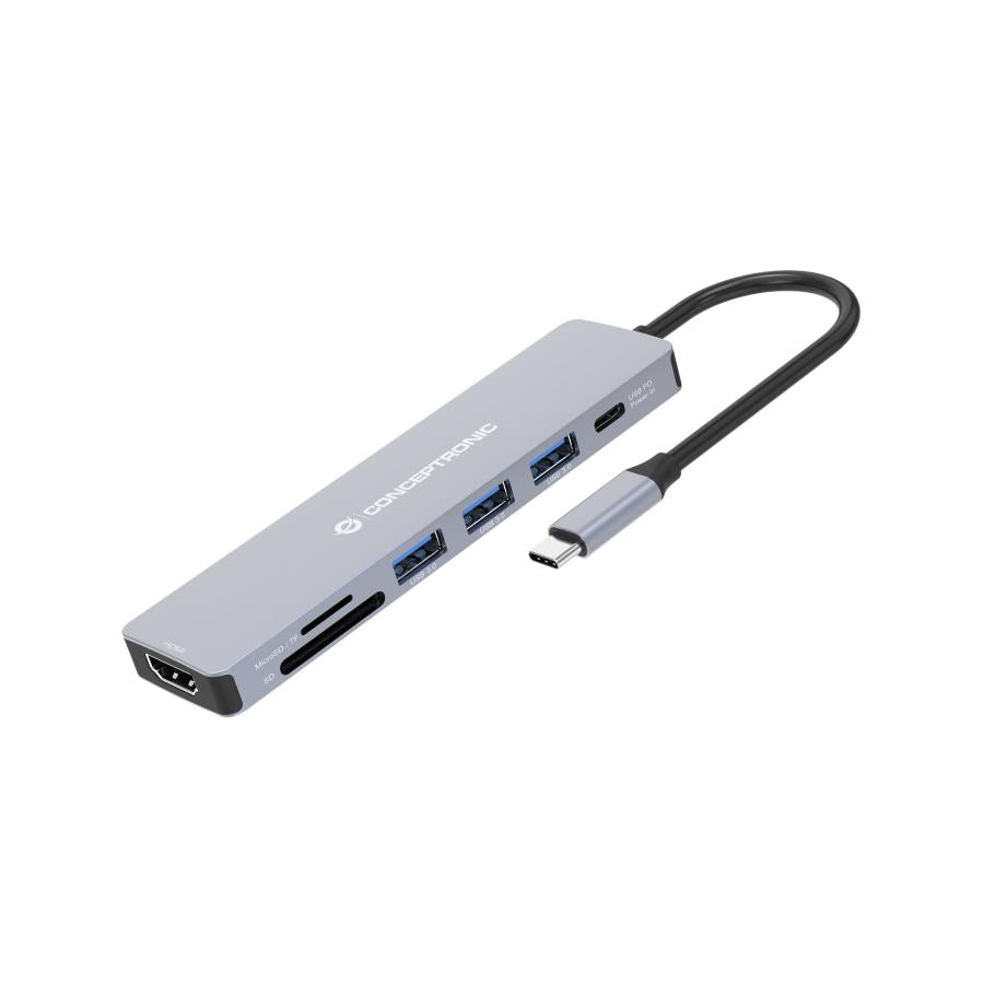 Conceptronic donn19g 7-in-1 usb 3.2 gen 1 dockingstation, hdmi, usb-a 3.0 x 3, sd, tf microsd, 100w