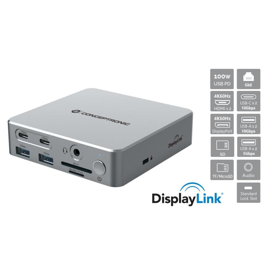 Conceptronic donn25g 15-in-1 displaylink usb 3.2 gen 2 dockingstation, type-c 10 gbps, usb-a x2