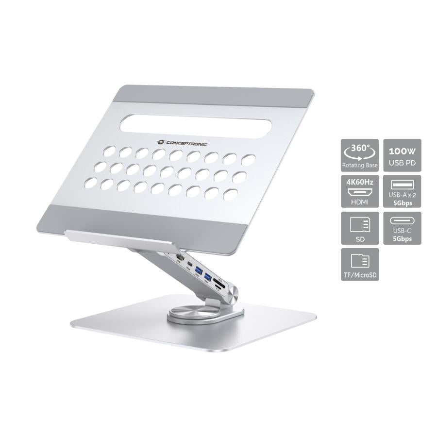 Conceptronic donn27g laptopstandaard met 7-in-1 dockingstation, 360° draaibaar, USB 3.2 gen 1 type-c