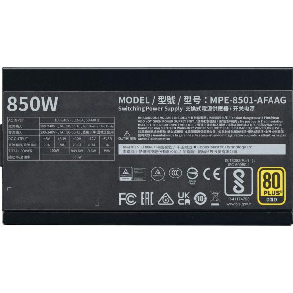 Coolermaster mpe-8501-afaag-3eeu mwe gold 850 v2 atx3.1 zwart, 850w, 90% @typ, 120mm, 4x pcie 6+2
